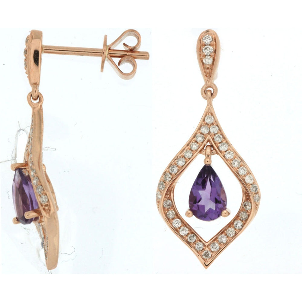 14K Rose Gold Drop Earrings with Pear-Shaped Amethyst and Pavé-Set Round Diamonds - 0.70 Carat Total Amethyst Weight and 0.29 Carat Total Diamond Weight - Royal Jewelry