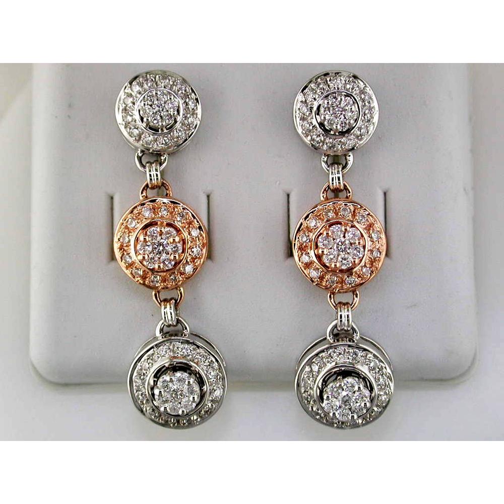 14K Rose Gold Drop Earrings with Round Diamond Halo Circle Links - 1.00 Carat Total Diamond Weight - Royal Jewelry