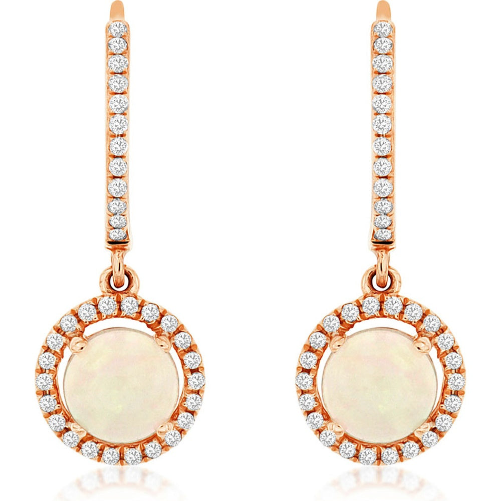 14K Rose Gold Drop Earrings with Round Opal and Diamond Halo - 1.00 Carat Total Opal Weight and 0.26 Carat Total Diamond Weight - Royal Jewelry