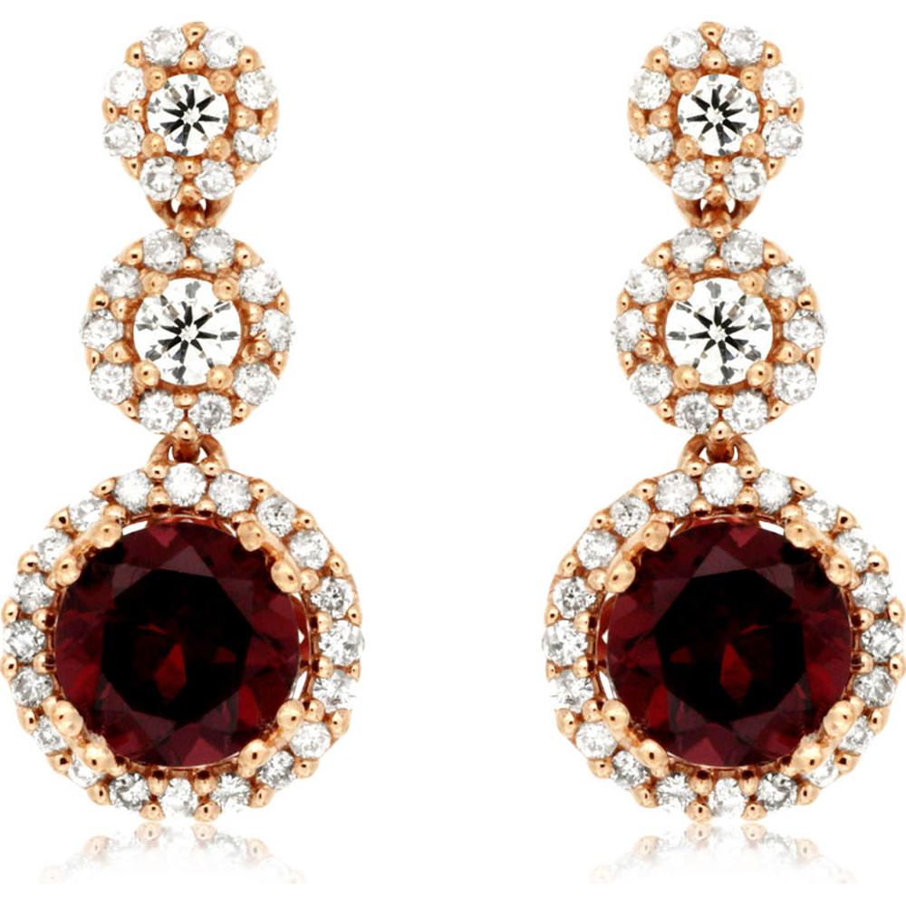 14K Rose Gold Drop Earrings with Round Rhodolite and Diamond Halos - 1.35 Carat Total Rhodolite Weight, 0.45 Carat Total Diamond Weight - Royal Jewelry