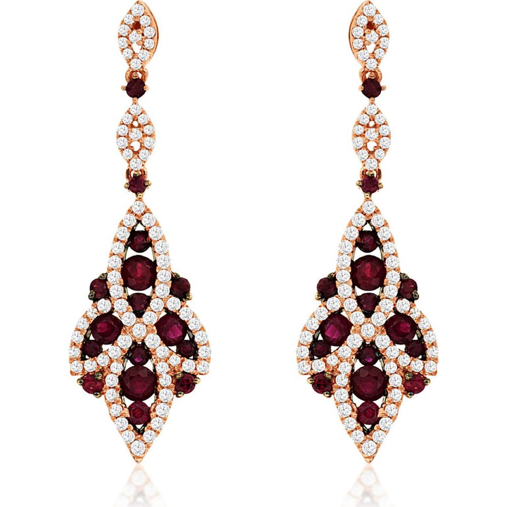 14K Rose Gold Drop Earrings with Round Rubies and Round Diamonds in Marquise-Inspired Openwork - 1.20 Carat Total Ruby Weight and 0.64 Carat Total Diamond Weight - Royal Jewelry