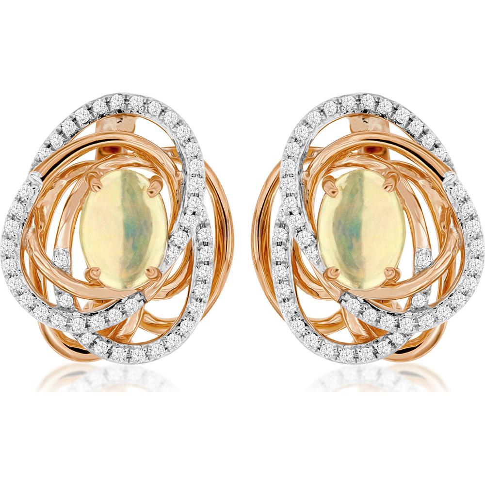 14K Rose Gold Earrings with Oval Opals and Diamond Halo - 1.30 Carats Total Opal Weight, 0.60 Carats Total Diamond Weight
