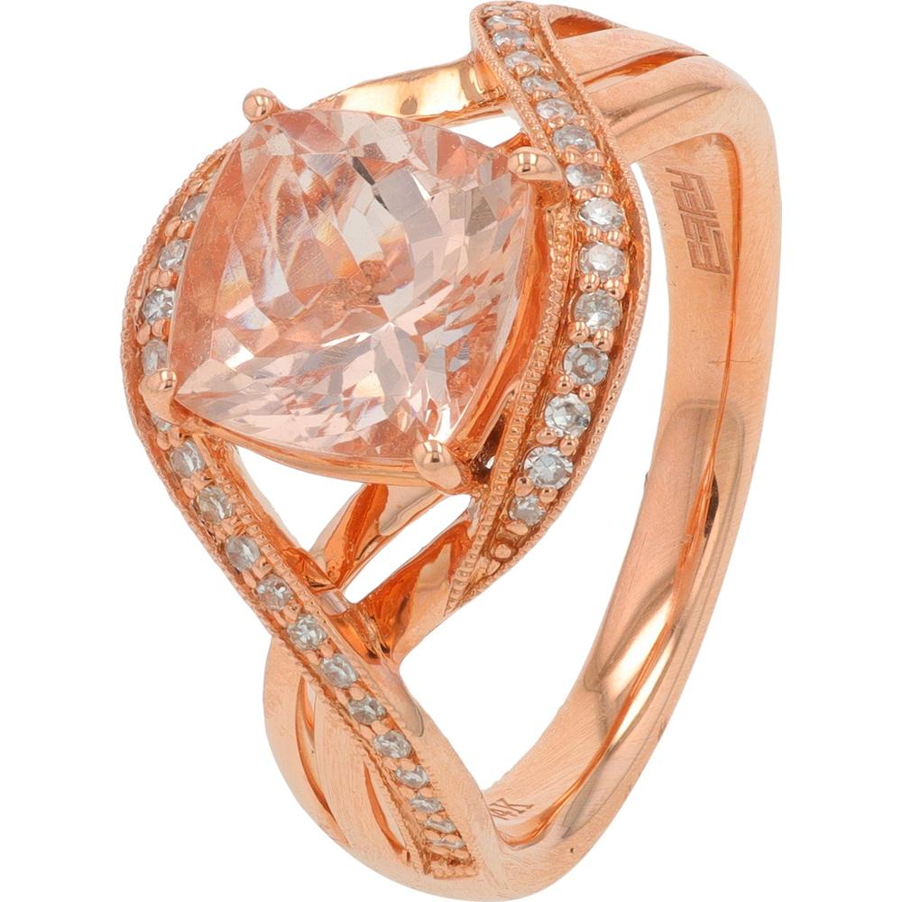 14K Rose Gold EFFY Cushion - Cut Morganite Ring with Diamond - Accented Twisted Split Shank - 1.65 Carat Morganite & 0.17 Carat Total Diamond Weight