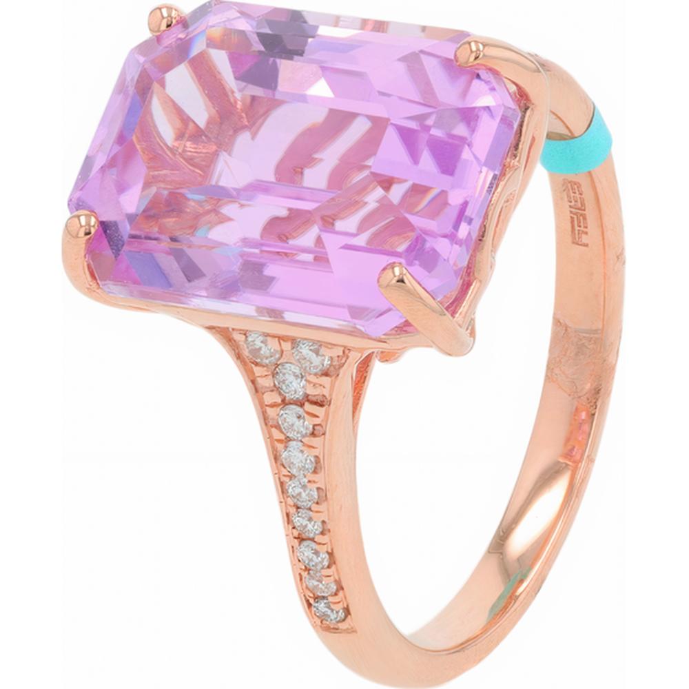 14K Rose Gold EFFY Emerald - Cut Kunzite Ring with Diamond Accented Shank - 8.50 Carat Kunzite, 0.13 Carat Total Diamond Weight