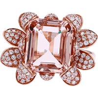 14K Rose Gold EFFY Flower Ring with 5.50 Carat Emerald-Cut Morganite and 1.19 Carat Pavé Diamond Petals