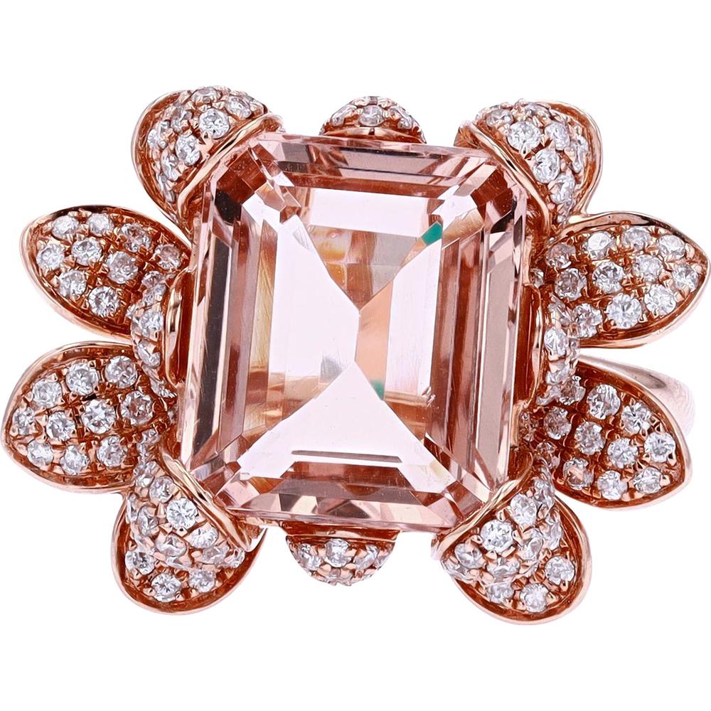 14K Rose Gold EFFY Flower Ring with 5.50 Carat Emerald-Cut Morganite and 1.19 Carat Pavé Diamond Petals
