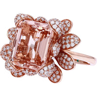 14K Rose Gold EFFY Flower Ring with 5.50 Carat Emerald-Cut Morganite and 1.19 Carat Pavé Diamond Petals