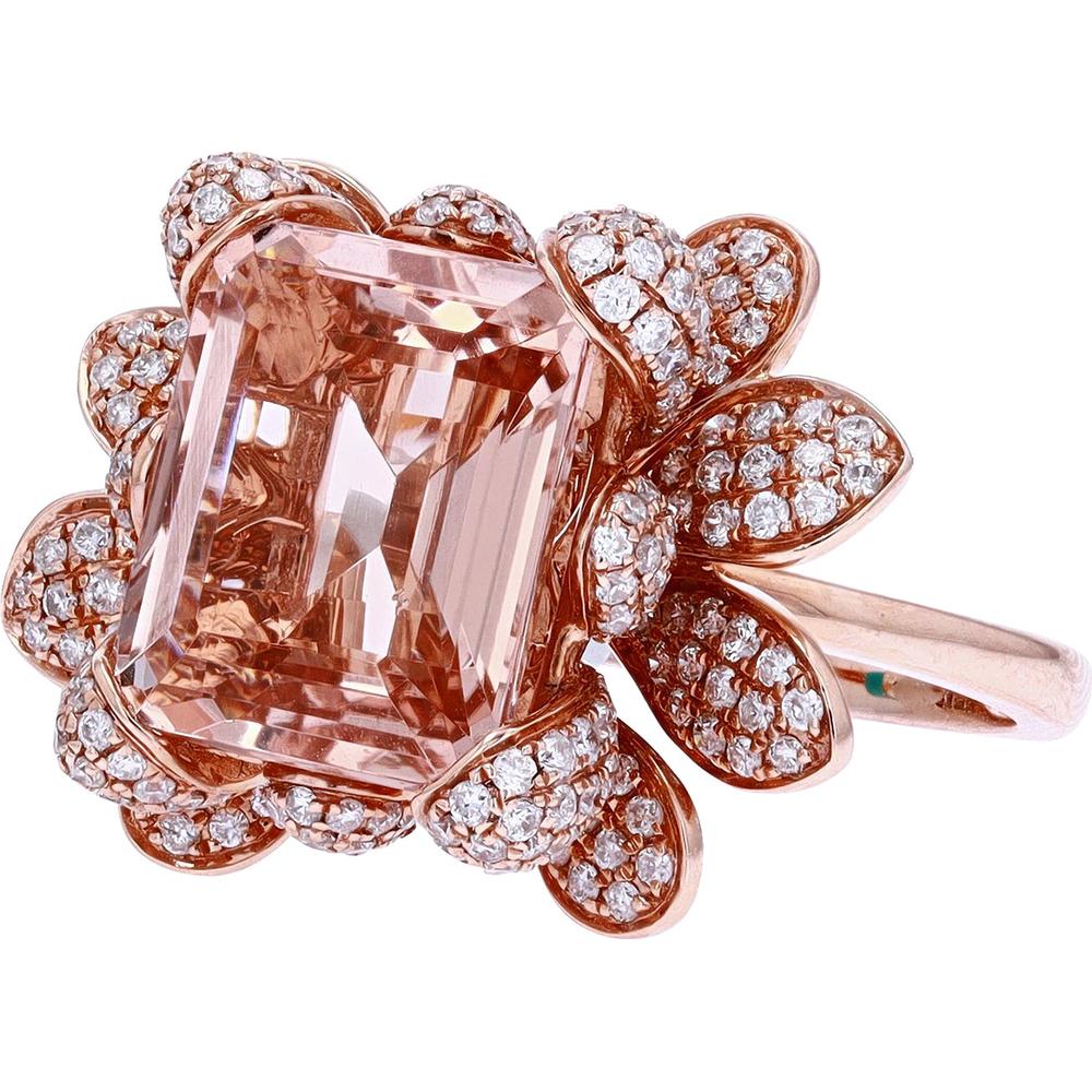 14K Rose Gold EFFY Flower Ring with 5.50 Carat Emerald-Cut Morganite and 1.19 Carat Pavé Diamond Petals