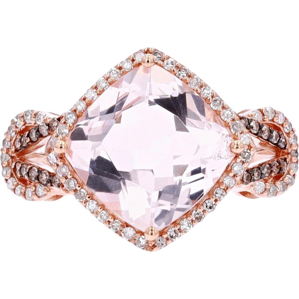 14K Rose Gold EFFY Halo Ring with Diagonal Cushion Cut Morganite and Pavé Diamond Accents - 3.50 Carat Morganite Total Color Weight, 0.34 Carat Total Diamond Weight