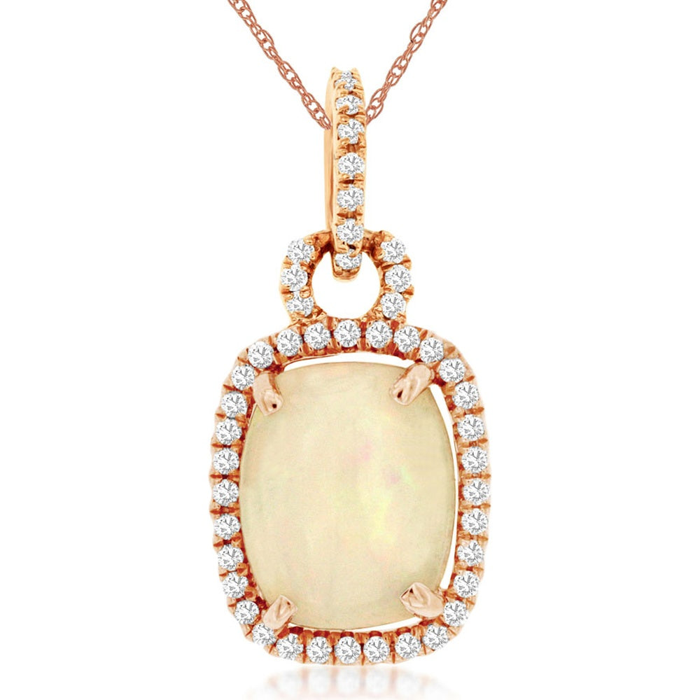 14K Rose Gold Elongated Cushion Cut Opal Pendant with Round Diamond Halo - 2.85 Carat Opal and 0.30 Carat Total Diamond Weight - Royal Jewelry