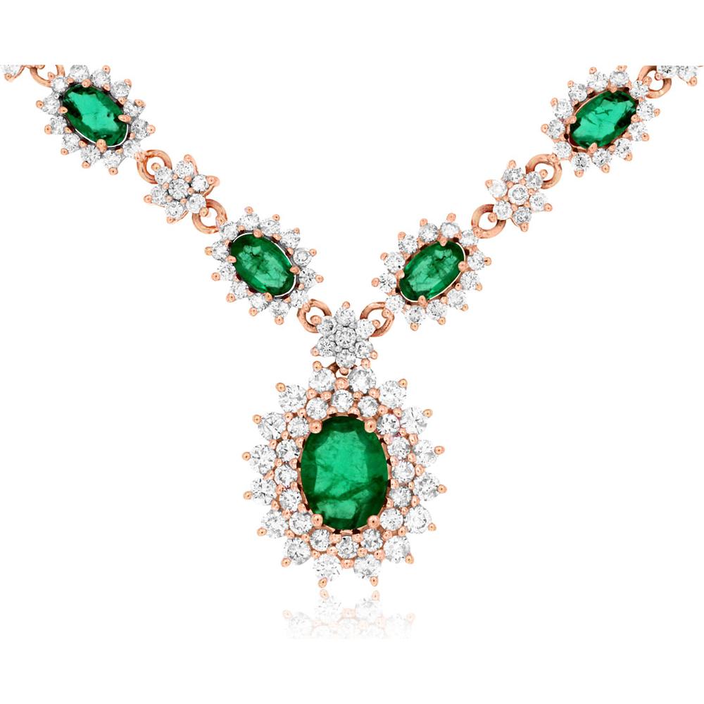 14K Rose Gold Emerald & Diamond Halo Pendant Necklace - 5.00 Carats Total Gemstone Weight