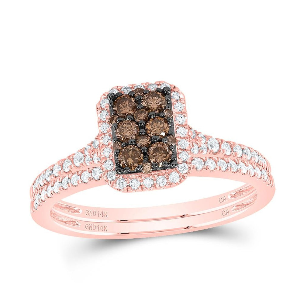 14K Rose Gold Emerald Brown and White Diamond Bridal Ring Set - 1/2 Carat Total Gemstone Weight