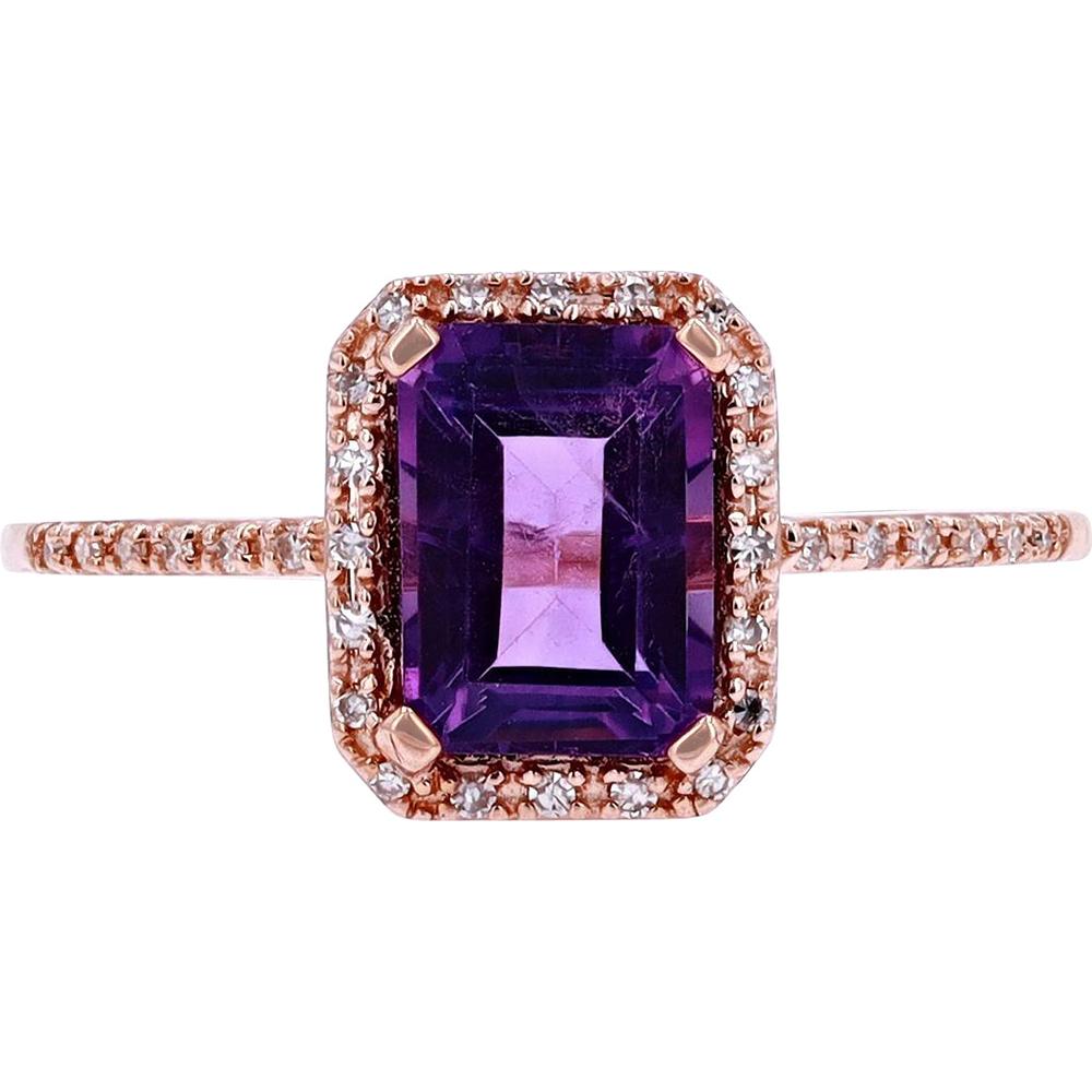 14K Rose Gold Emerald-Cut Amethyst Halo Ring with Pavé Diamond Accents - 0.10 Carats Total Diamond Weight