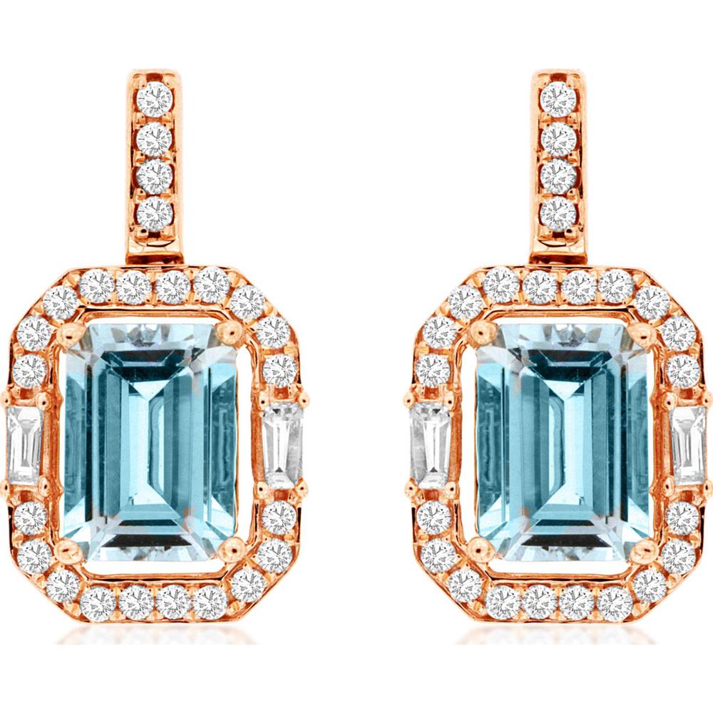 14K Rose Gold Emerald-Cut Aquamarine Drop Earrings with Diamond Halo and Baguette Accents - 1.75 Carat Total Aquamarine Weight, 0.36 Carat Total Diamond Weight - Royal Jewelry