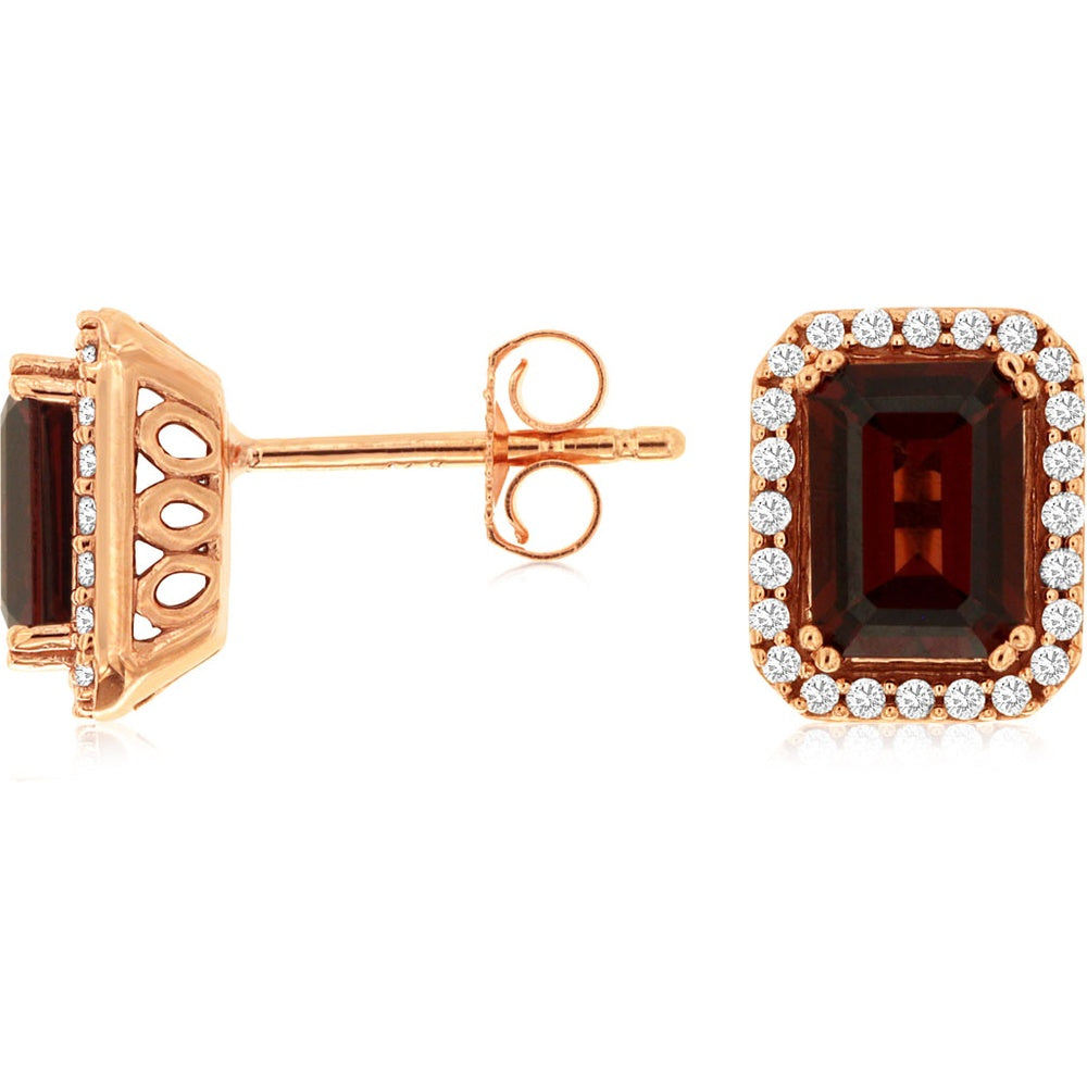 14K Rose Gold Emerald-Cut Garnet Stud Earrings with Diamond Halo - 2.40 Carat Total Garnet Weight and 0.20 Carat Total Diamond Weight - Royal Jewelry