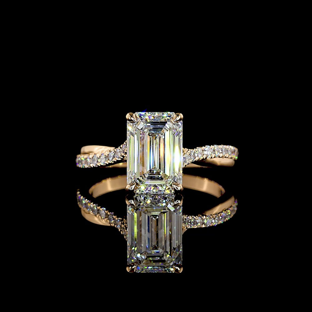 14K Rose Gold Emerald Cut Lab Diamond Solitaire Ring with Pave Shank - 2.76 Carat Total Weight IGI Certified E VVS1 - Covaloro Fine Jewelry