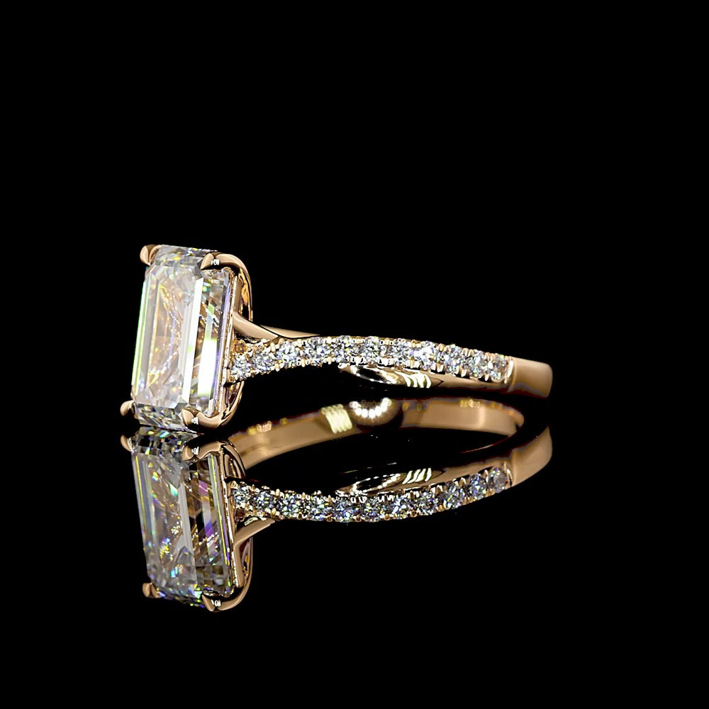 14K Rose Gold Emerald Cut Lab Diamond Solitaire Ring with Pave Shank - 2.76 Carat Total Weight IGI Certified E VVS1 - Covaloro Fine Jewelry