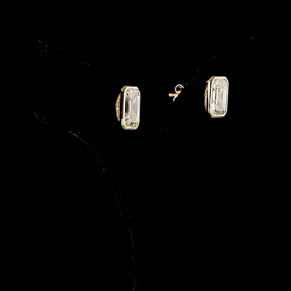 14K Rose Gold Emerald Cut Lab Diamond Stud Earrings in Bezel Setting - 5.08 Carat Total Weight (D VVS2 & E VVS2) - Covaloro Fine Jewelry