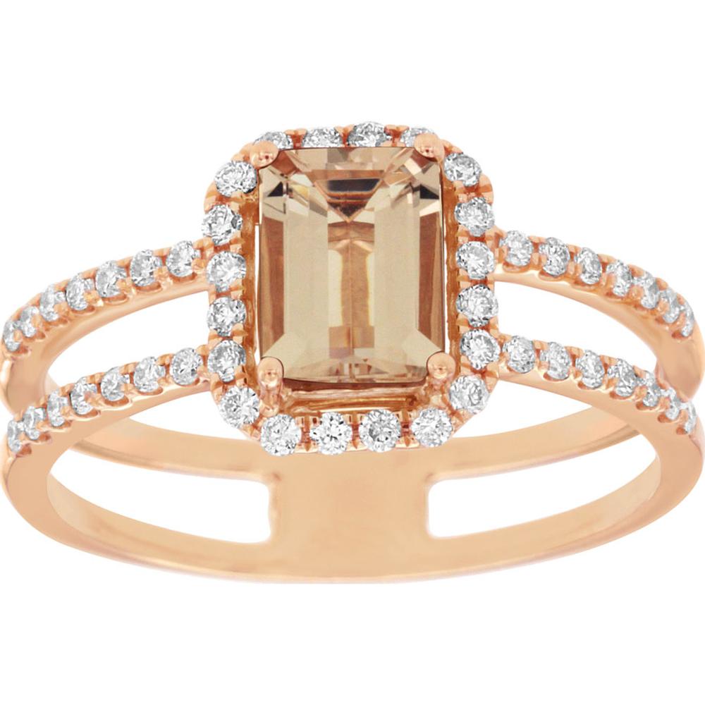 14K Rose Gold Emerald Cut Morganite and Diamond Halo Split Shank Ring - 0.95 Carat Morganite and 0.30 Carat Total Diamond Weight - Royal Jewelry