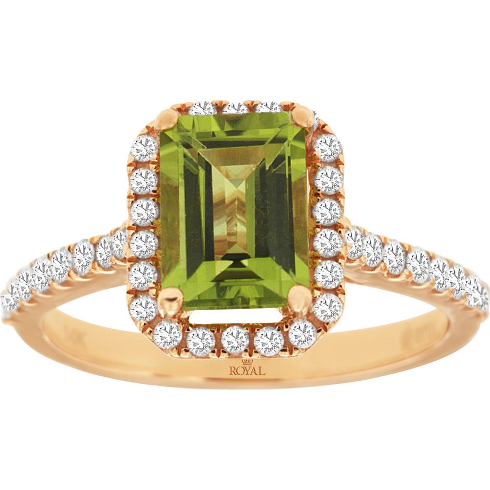 14K Rose Gold Emerald Cut Peridot and Diamond Halo Ring - 1.65 Carat Peridot and 0.45 Carat Total Diamond Weight - Royal Jewelry