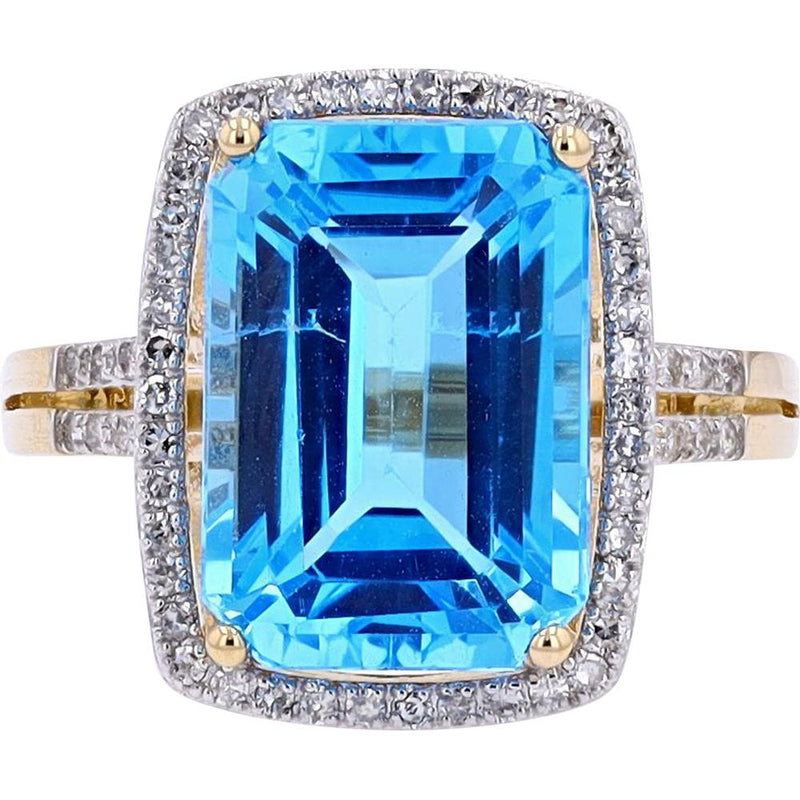 14K Rose Gold Emerald-Cut Swiss Blue Topaz Cocktail Ring with Diamond Halo - 0.25 Carats Total Diamond Weight