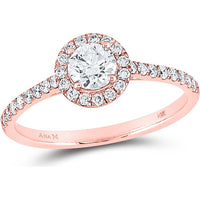 14K Rose Gold Engagement Ring with Prong-Set Round Diamond and Pavé Halo - 0.75 Carat Total Diamond Weight
