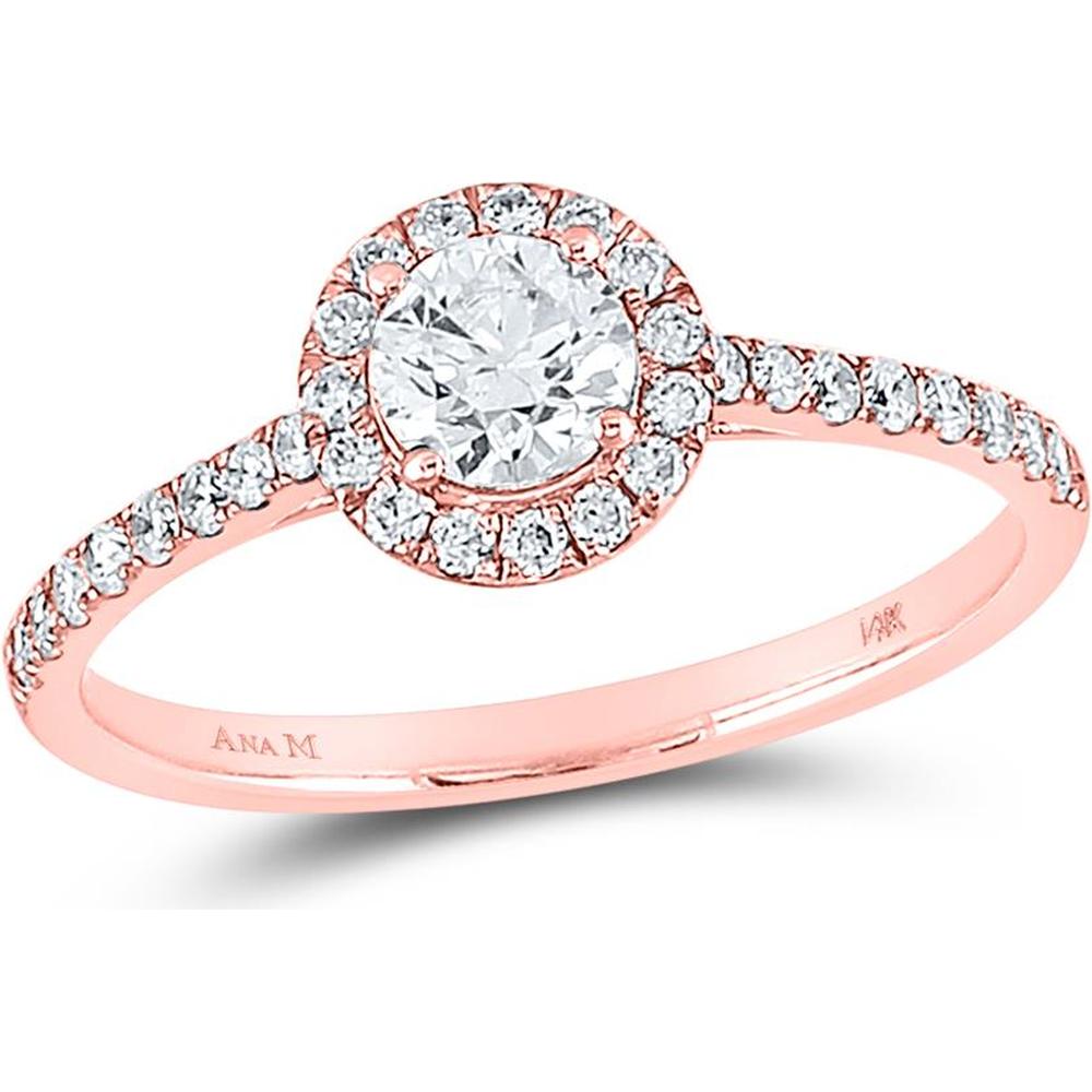 14K Rose Gold Engagement Ring with Prong-Set Round Diamond and Pavé Halo - 0.75 Carat Total Diamond Weight