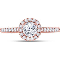 14K Rose Gold Engagement Ring with Prong-Set Round Diamond and Pavé Halo - 0.75 Carat Total Diamond Weight