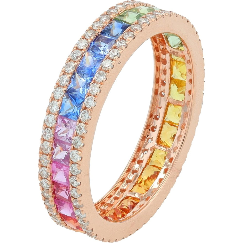 14K Rose Gold Eternity Band with Channel-Set Square Multi-Sapphires and Milgrain Diamond Trim - 2.50 Carat Sapphire and 0.62 Carat Diamond Total Weight