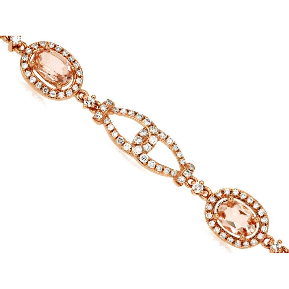 14K Rose Gold Fancy Link Bracelet with Oval Morganite and Diamond Halo Accents - 2.50 Carat Morganite and 1.44 Carat Diamond Total Weight - Royal Jewelry