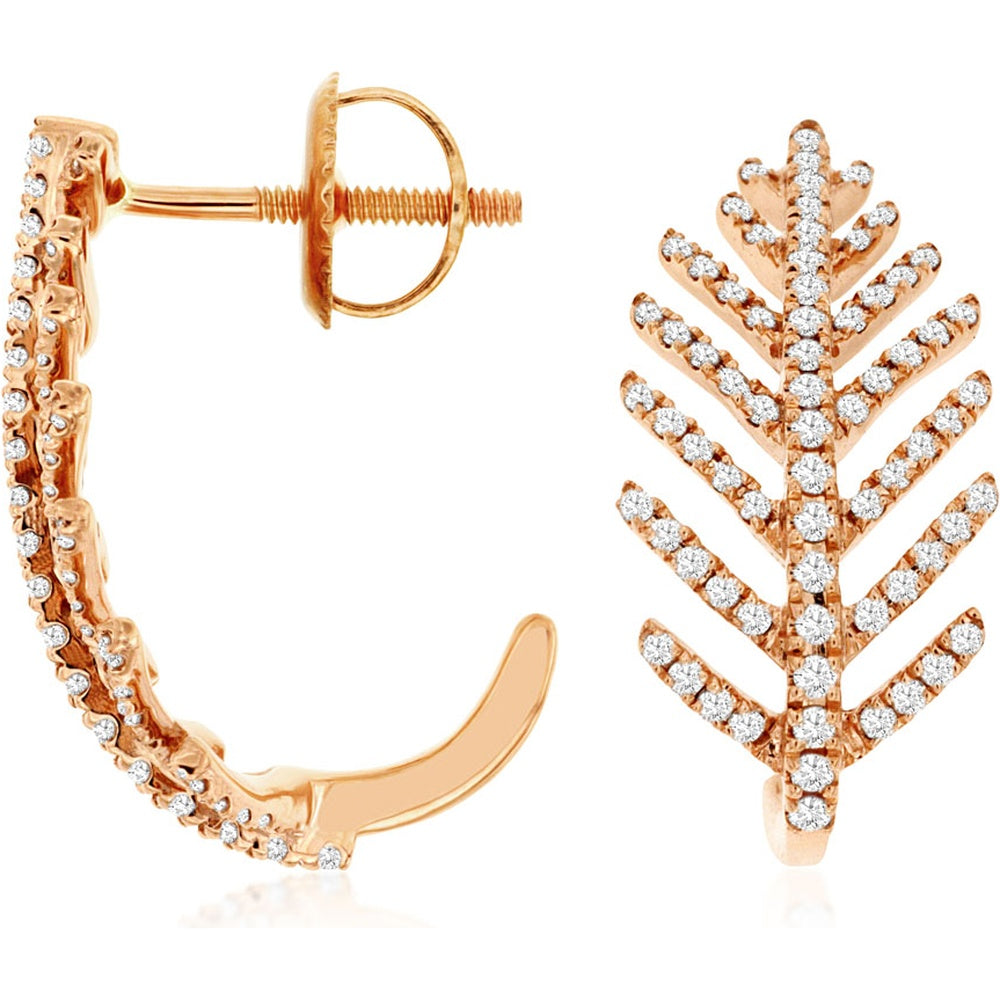 14K Rose Gold Fern Motif Hoop Earrings with Prong-Set Round Diamonds - 0.50 Carat Total Diamond Weight - Royal Jewelry