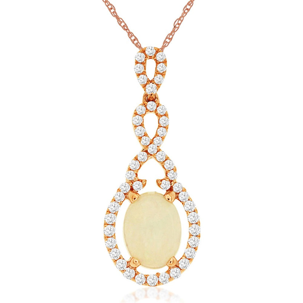 14K Rose Gold Figure-Eight Halo Pendant with Oval Opal and Round Diamonds - 0.90 Carat Opal and 0.26 Carat Total Diamond Weight - Royal Jewelry
