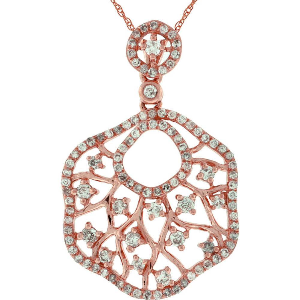 14K Rose Gold Filigree Diamond Pendant with Round Brilliant Cut Pavé and Halo Setting - 0.65 Carat Total Diamond Weight - Royal Jewelry