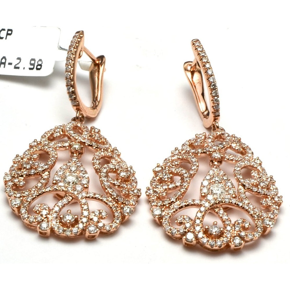 14K Rose Gold Filigree Drop Earrings with Pavé-Set Round Diamonds - 2.98 Carat Total Diamond Weight by Auriventus
