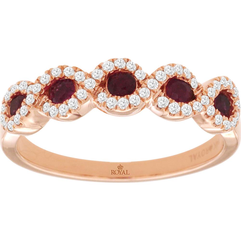 14K Rose Gold Five-Stone Ruby and Diamond Halo Ring - 0.35 Carat Ruby Total, 0.20 Carat Diamond Total - Royal Jewelry