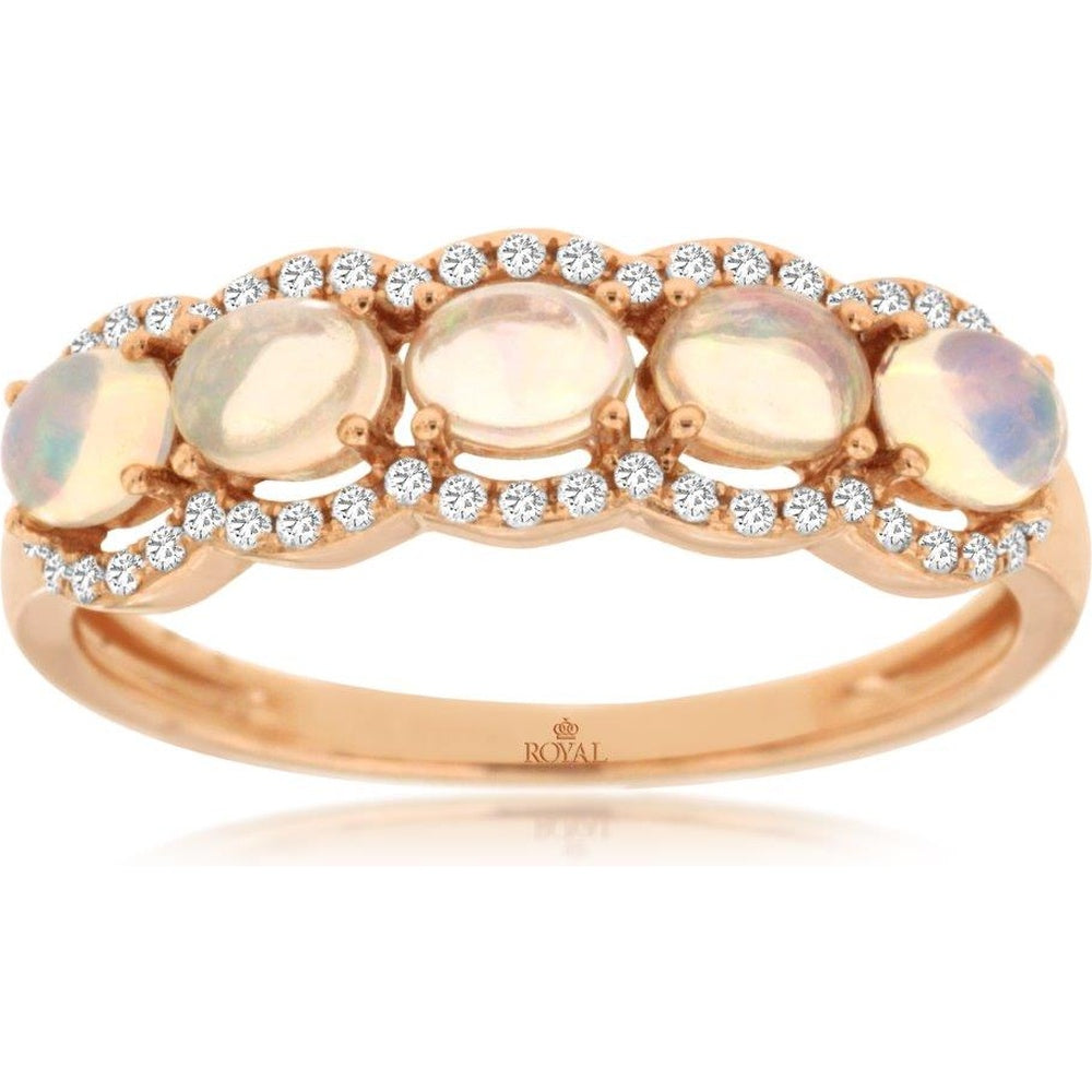 14K Rose Gold Five-Stone Scalloped Halo Ring with Cabochon Opals and Prong-Set Round Diamonds - 0.55 Carat Total Opal Weight and 0.14 Carat Total Diamond Weight - Royal Jewelry