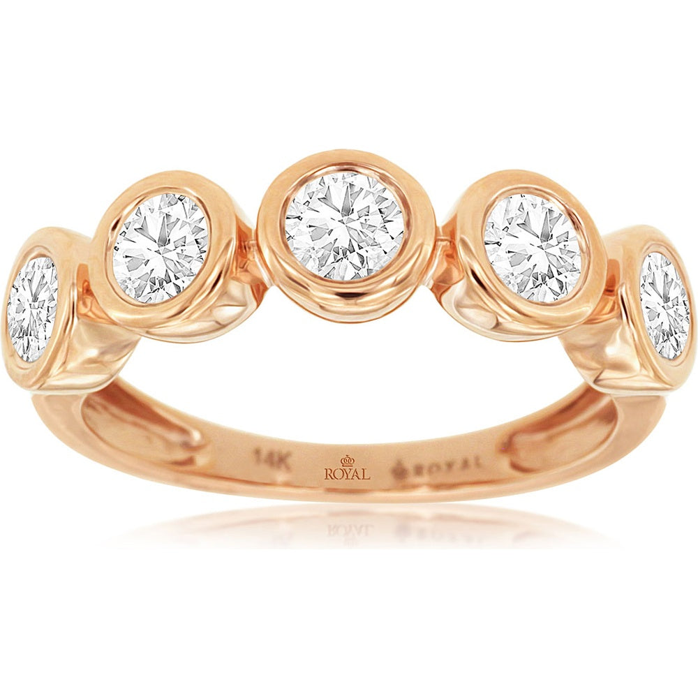 14K Rose Gold Five-Stone Wedding Band with Bezel-Set Round Diamonds - 1.00 Carat Total Diamond Weight - Royal Jewelry