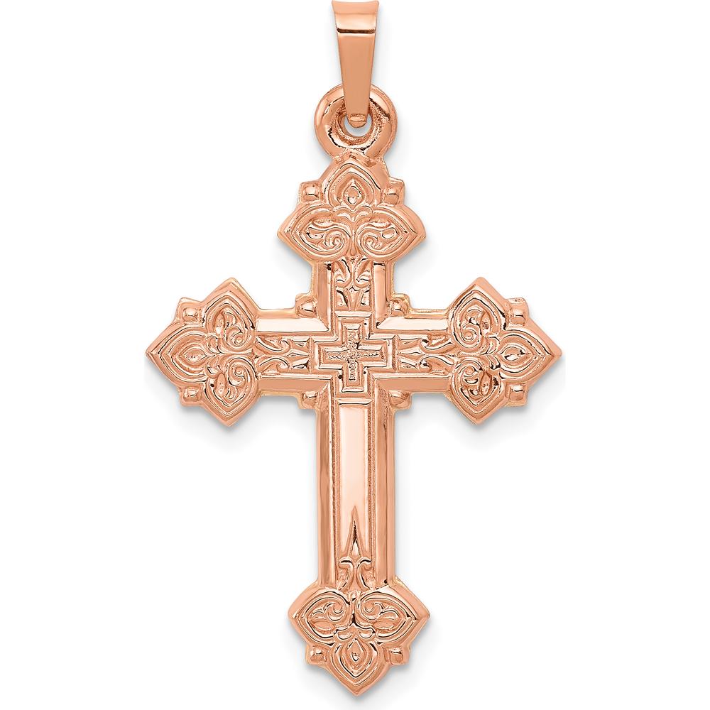 14K Rose Gold Fleur de Lis Cross Pendant - 30mm Length, 20mm Width by Oro Pregiato
