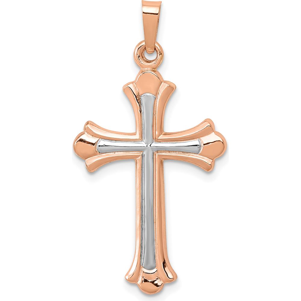 14K Rose Gold Fleur de Lis Cross Pendant with White Rhodium Accents - 35mm Length by Oro Pregiato