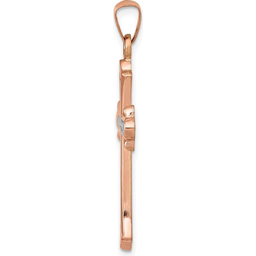 14K Rose Gold Fleur de Lis Cross Pendant with White Rhodium Accents - 35mm Length by Oro Pregiato