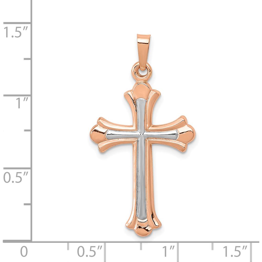 14K Rose Gold Fleur de Lis Cross Pendant with White Rhodium Accents - 35mm Length by Oro Pregiato
