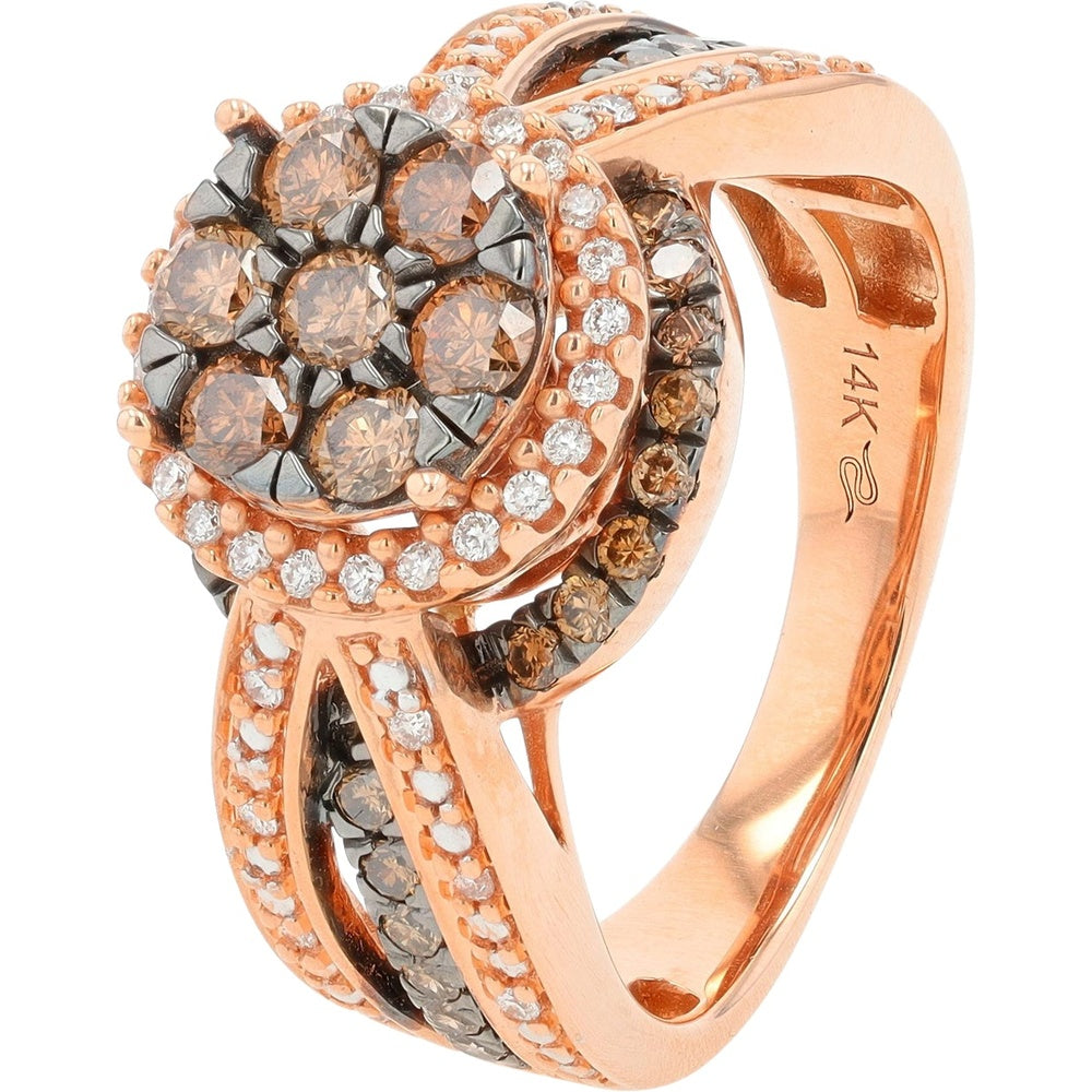 14K Rose Gold Floral Cluster Ring with Halo and Split Shank Accents Featuring 1.00 Carat Total Weight Diamonds