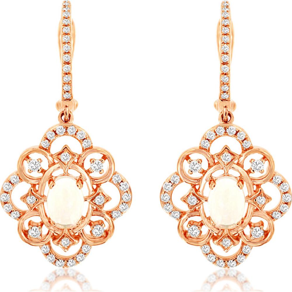 14K Rose Gold Floral Drop Earrings with Oval Opals and Round Diamonds - 0.60 Carat Total Opal Weight and 0.45 Carat Total Diamond Weight - Royal Jewelry
