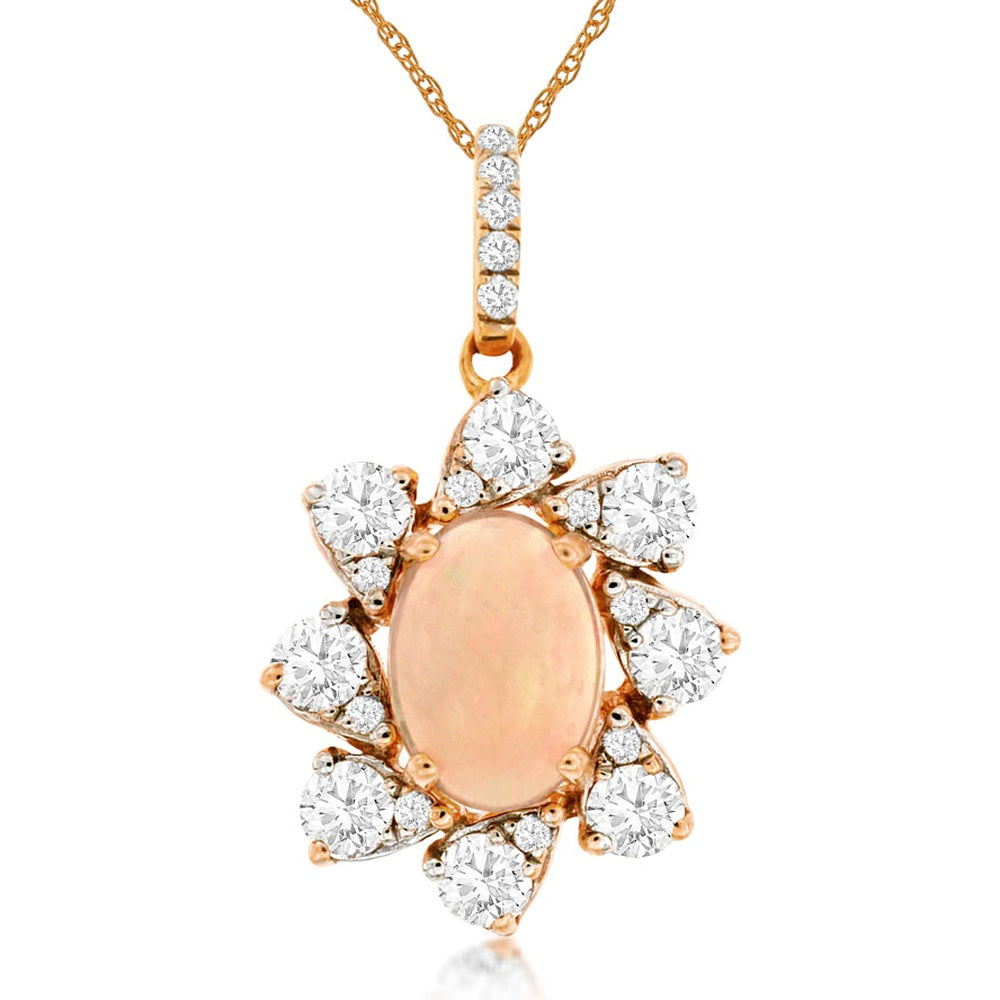 14K Rose Gold Floral Halo Pendant with Oval Opal and Staggered Round Diamonds - 0.50 Carat Opal and 0.47 Carat Total Diamond Weight - Royal Jewelry