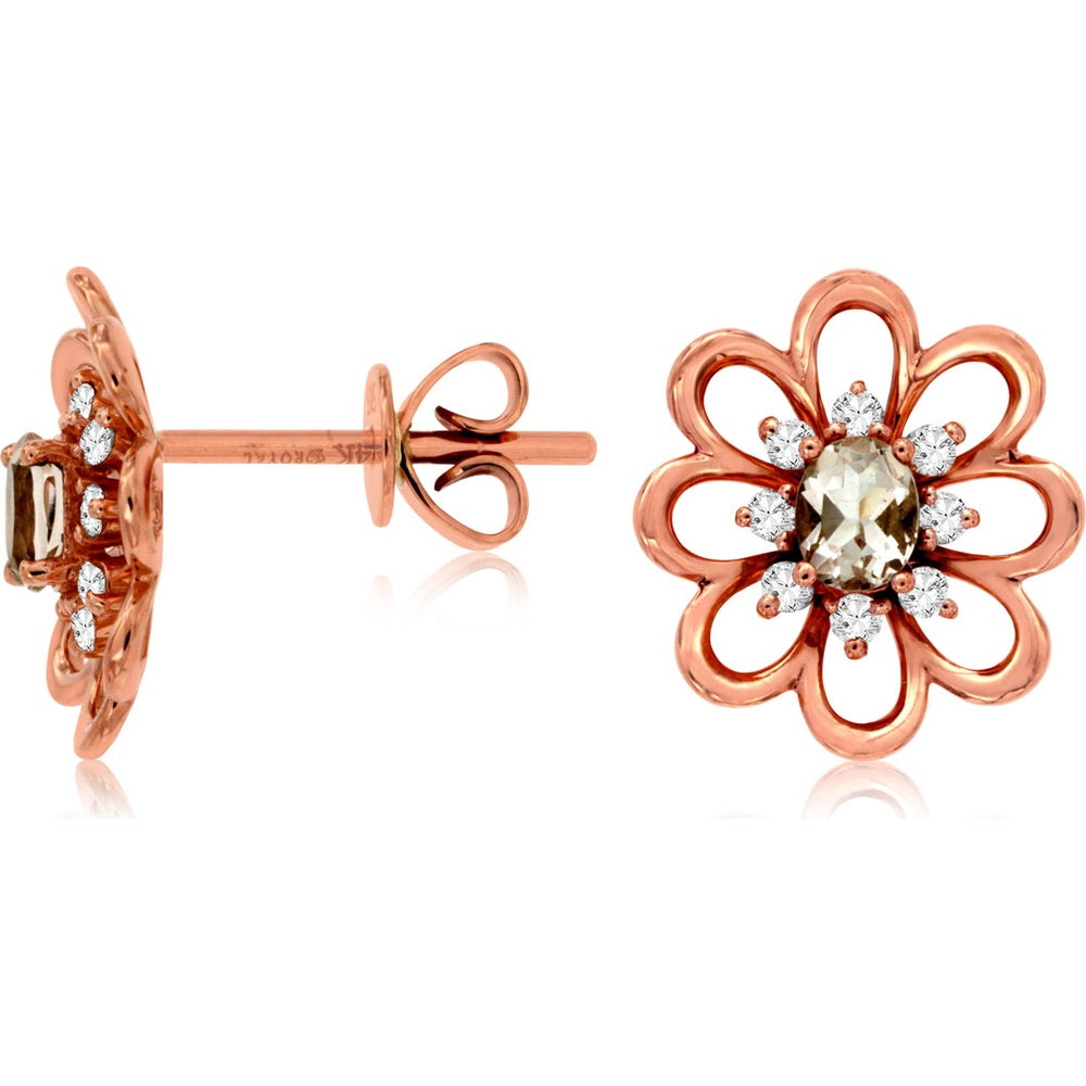 14K Rose Gold Floral Halo Stud Earrings with Oval Morganite and Round Diamonds - 0.40 Carat Total Morganite Weight and 0.15 Carat Total Diamond Weight - Royal Jewelry