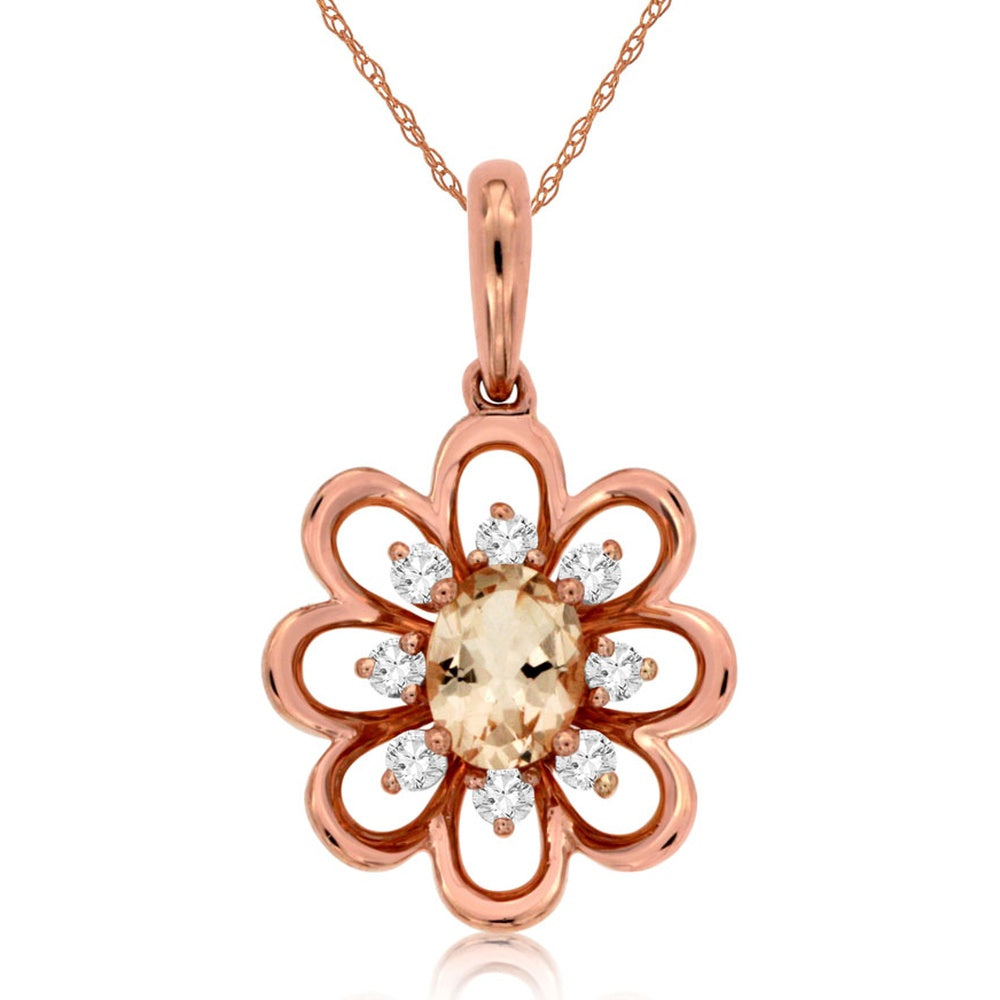 14K Rose Gold Floral Pendant with Oval-Cut Morganite and Round Diamond Accents - 0.28 Carat Morganite and 0.12 Carat Total Diamond Weight - Royal Jewelry