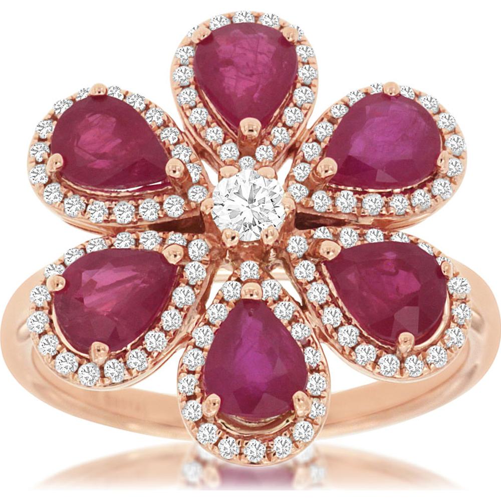 14K Rose Gold Floral Ring with Pear-Shaped Ruby Petals (2.00ct) and Round Diamond Center (0.40ct) – Halo Setting - Royal Jewelry