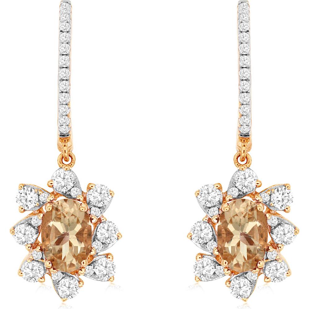 14K Rose Gold Flower Drop Earrings with Oval Morganite and Diamond Halo - 0.80 Carat Morganite Total Weight, 0.62 Carat Diamond Total Weight - Royal Jewelry