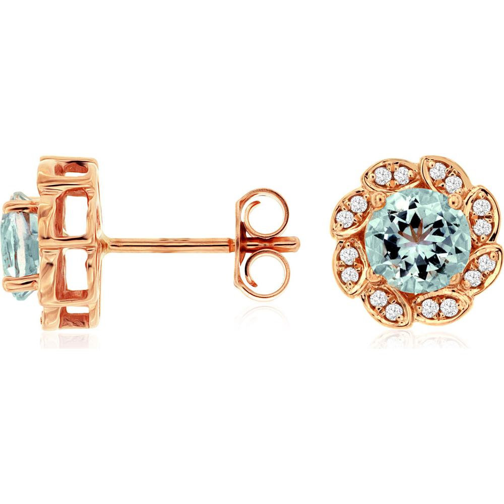 14K Rose Gold Flower Earrings with Round Aquamarine and Diamond Halo - 1.10 Carat Aquamarine Total Weight, 0.12 Carat Diamond Total Weight - Royal Jewelry