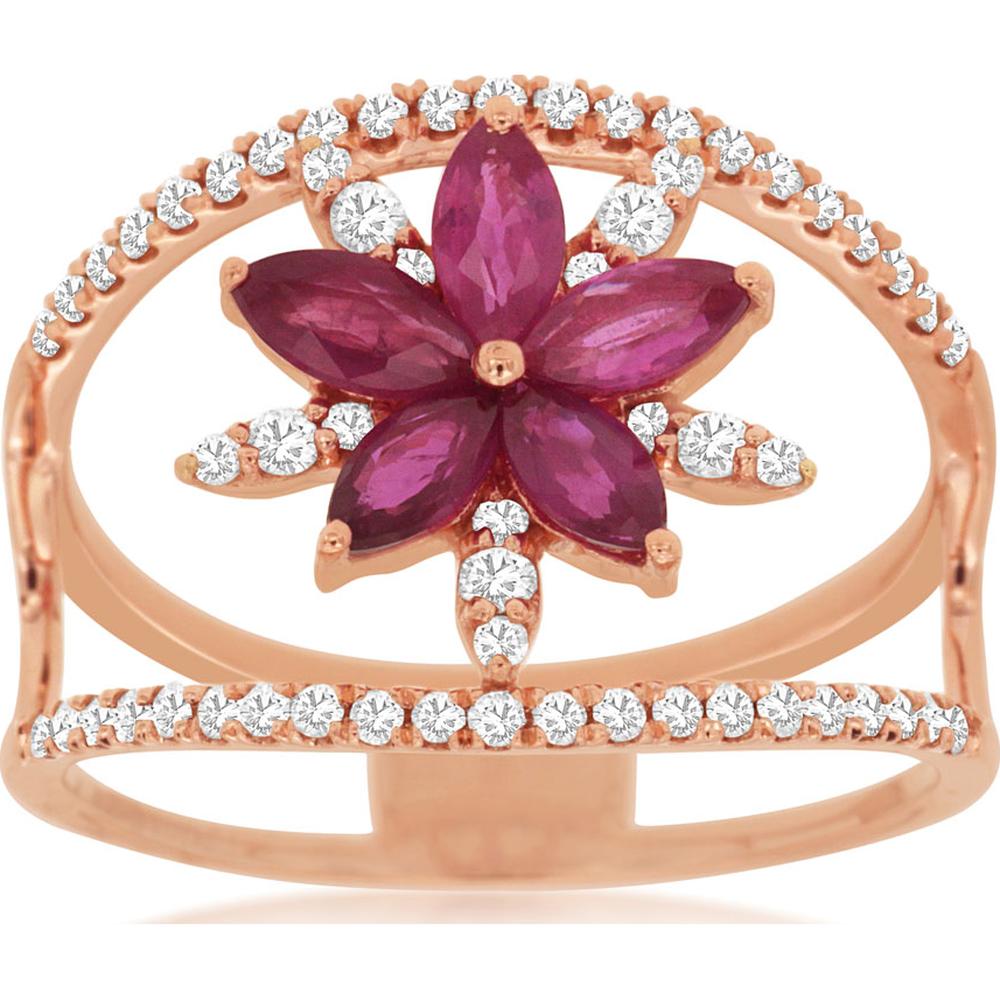 14K Rose Gold Flower Ring with Marquise Rubies and Round Diamonds - 1.26 Carats Total Ruby Weight